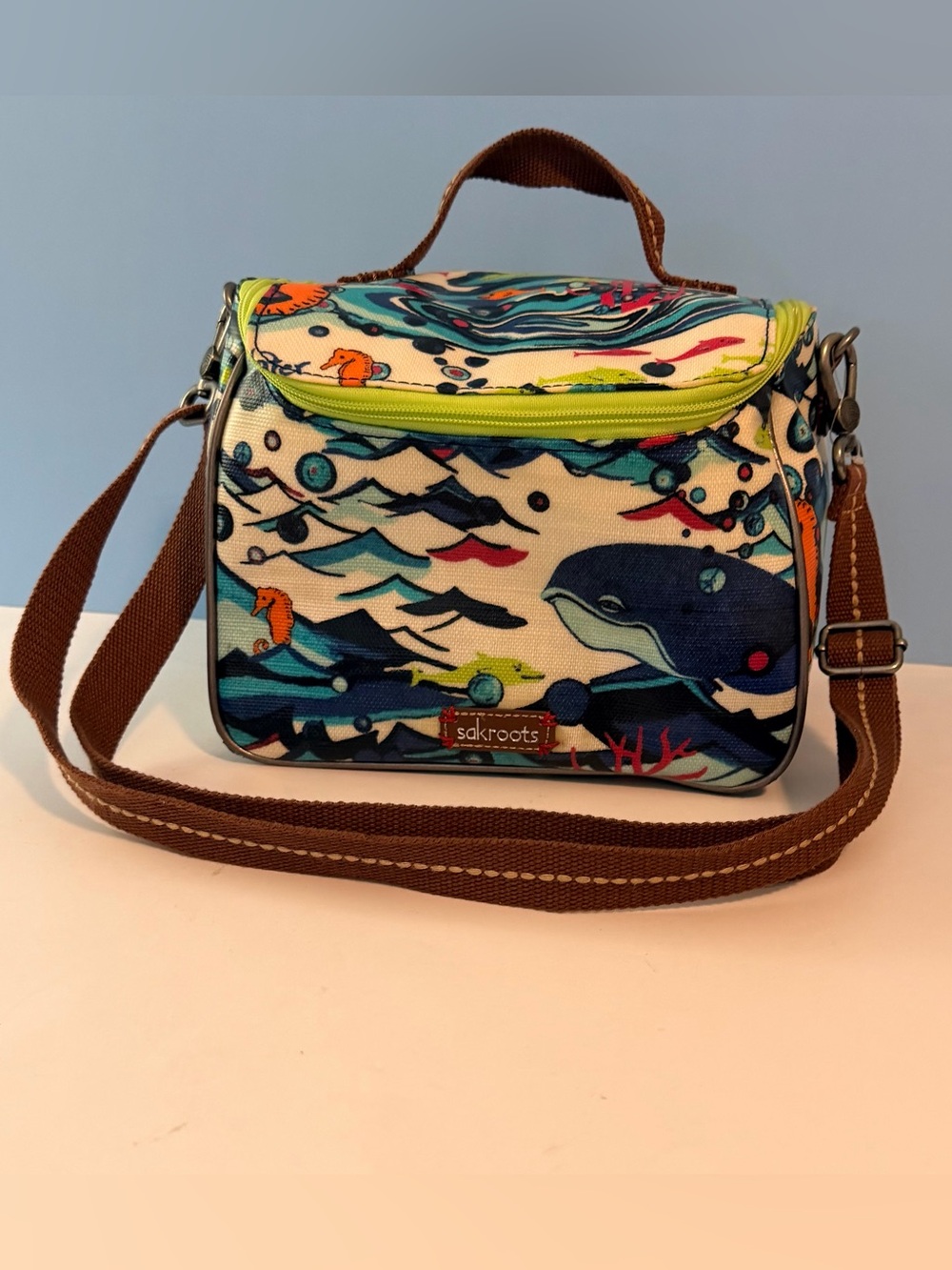 Sakroots Insulated Crossbody Lunch Bag – Blue Whale Ocean Print